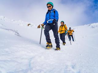 Hikers exploring volcanic landscapes